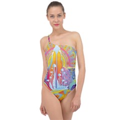 Multicolored Optical Illusion Painting Psychedelic Digital Art Classic One Shoulder Swimsuit by Bedest