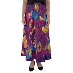 Psychedelic Digital Art Colorful Flower Abstract Multi Colored Flared Maxi Skirt by Bedest