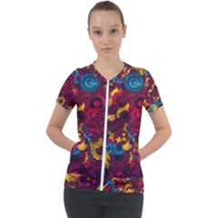 Psychedelic Digital Art Colorful Flower Abstract Multi Colored Short Sleeve Zip Up Jacket by Bedest