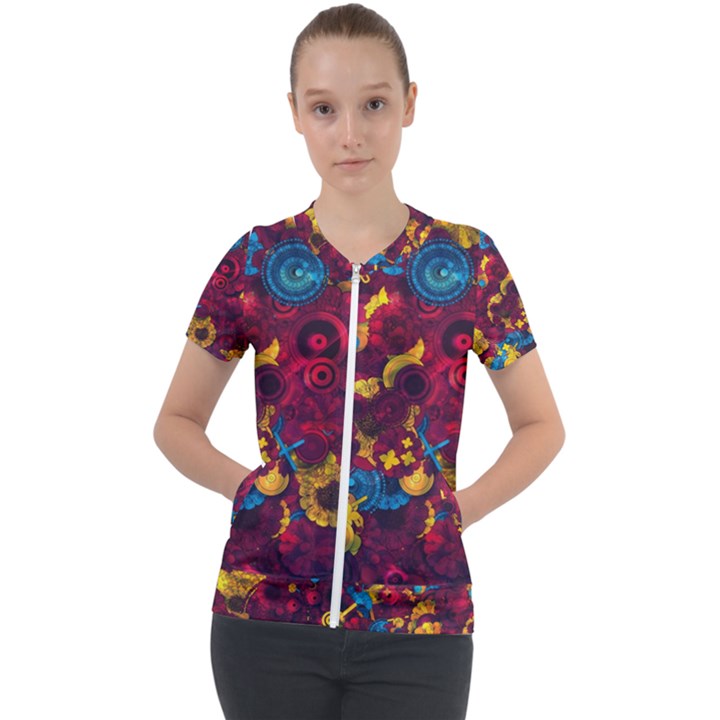 Psychedelic Digital Art Colorful Flower Abstract Multi Colored Short Sleeve Zip Up Jacket