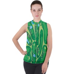 Golf Course Par Golf Course Green Mock Neck Chiffon Sleeveless Top by Sarkoni