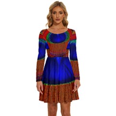 Peacock-feathers,blue 1 Long Sleeve Wide Neck Velvet Dress by nateshop