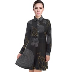 Dark And Gold Flower Patterned Long Sleeve Chiffon Shirt Dress by Grandong