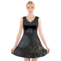 Dark And Gold Flower Patterned V-neck Sleeveless Dress by Grandong