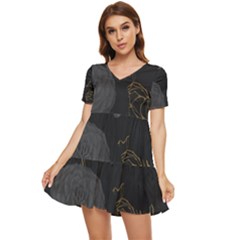 Dark And Gold Flower Patterned Tiered Short Sleeve Babydoll Dress by Grandong