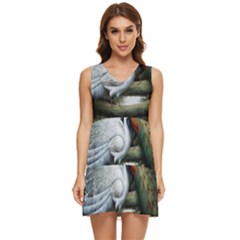 Canvas Oil Painting Two Peacock Tiered Sleeveless Mini Dress by Grandong