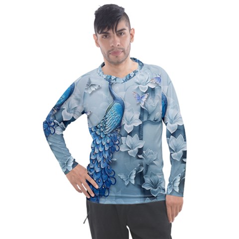 Chinese Style 3d Embossed Blue Peacock Oil Painting Men s Pique Long Sleeve T-shirt by Grandong