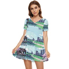 Japanese Themed Pixel Art The Urban And Rural Side Of Japan Tiered Short Sleeve Babydoll Dress by Sarkoni