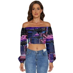 Retro City Pixel Long Sleeve Crinkled Weave Crop Top by Sarkoni