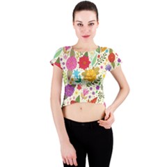 Colorful Flower Abstract Pattern Crew Neck Crop Top by Grandong