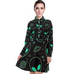 Alien Green Black Pattern Long Sleeve Chiffon Shirt Dress by Ndabl3x