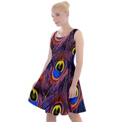 Peacock-feathers,blue,yellow Knee Length Skater Dress by nateshop