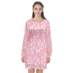 Pink Texture With White Flowers, Pink Floral Background Long Sleeve Chiffon Shift Dress  by nateshop