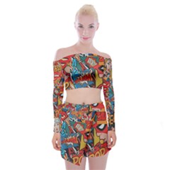 Comic Cartoon Pattern Off Shoulder Top With Mini Skirt Set by pakminggu