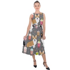 Welsh Corgi Dog Boba Tea Bubble Kawaii Midi Tie-back Chiffon Dress by Grandong