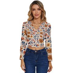 Boho Flowers Seamless Patternn Long Sleeve V-neck Top by Jack14