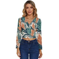 Colorful Tropical Leaf Long Sleeve V-neck Top by Jack14