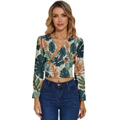 Tropical Leaf Long Sleeve V-neck Top by Jack14