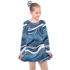 Abstract Blue Ocean Wave Kids  Long Sleeve Dress by Jack14