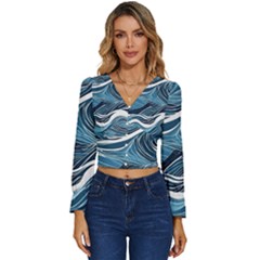 Abstract Blue Ocean Wave Long Sleeve V-neck Top by Jack14