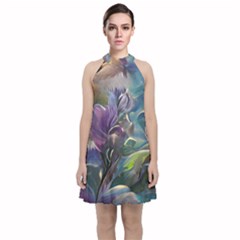 Abstract Blossoms  Velvet Halter Neckline Dress  by Internationalstore