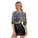 Abstract Blossoms  Mid Sleeve Drawstring Hem Top View2