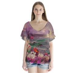 Abstract Flowers  V-neck Flutter Sleeve Top by Internationalstore