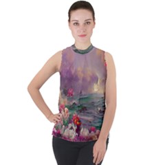 Abstract Flowers  Mock Neck Chiffon Sleeveless Top by Internationalstore