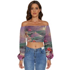 Abstract Flowers  Long Sleeve Crinkled Weave Crop Top by Internationalstore