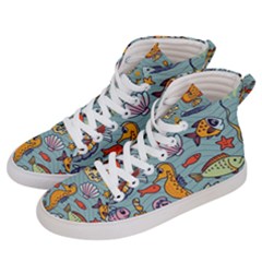 Cartoon Underwater Seamless Pattern With Crab Fish Seahorse Coral Marine Elements Women s Hi-top Skate Sneakers by uniart180623