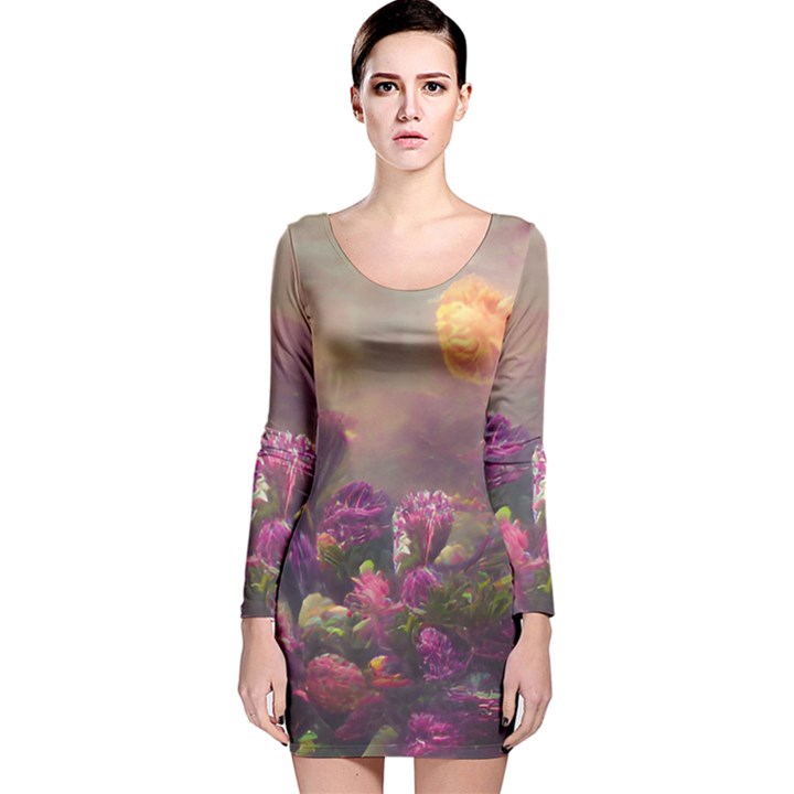 Floral Blossoms  Long Sleeve Velvet Bodycon Dress