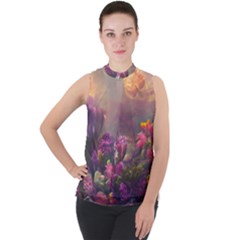 Floral Blossoms  Mock Neck Chiffon Sleeveless Top by Internationalstore