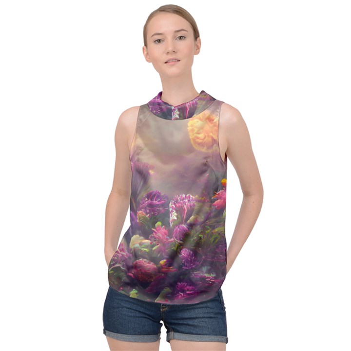 Floral Blossoms  High Neck Satin Top