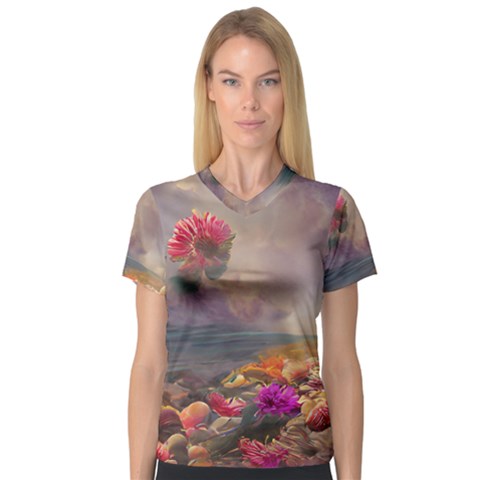 Floral Blossoms  V-neck Sport Mesh T-shirt by Internationalstore