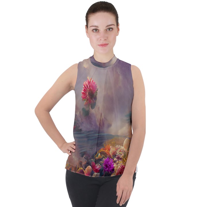 Floral Blossoms  Mock Neck Chiffon Sleeveless Top