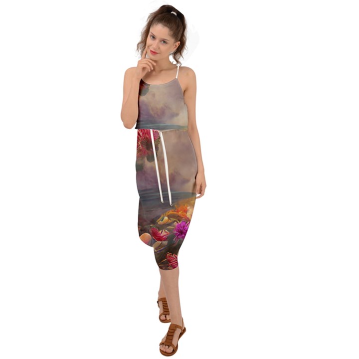 Floral Blossoms  Waist Tie Cover Up Chiffon Dress