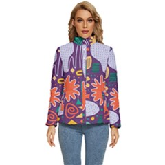 Colorful Shapes On A Purple Background Women s Puffer Bubble Jacket Coat by LalyLauraFLM