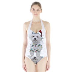 White Bichon Frise Dog T- Shirt White Bichon Frise Dog Santa Christmas Tree Lights Xmas T- Shirt Halter Swimsuit by ZUXUMI