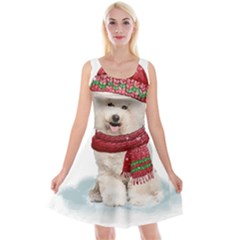 White Bichon Frise Santa Xmas T- Shirt Red Winter Hat Scarf Christmas Cap White Bichon Frise  Santa Reversible Velvet Sleeveless Dress by ZUXUMI