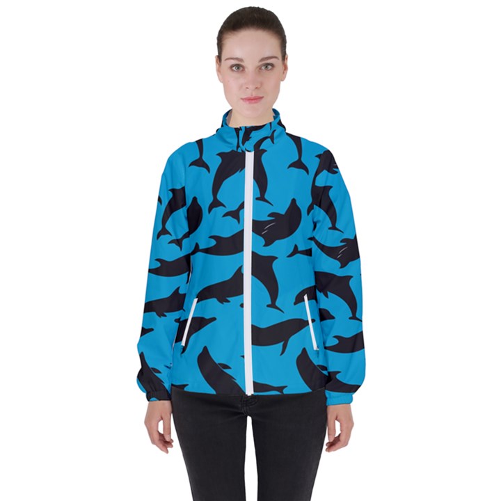 Dolphin Silhouette Pattern Women s High Neck Windbreaker