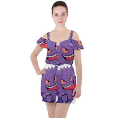 Purple Funny Monster Ruffle Cut Out Chiffon Playsuit by Sarkoni