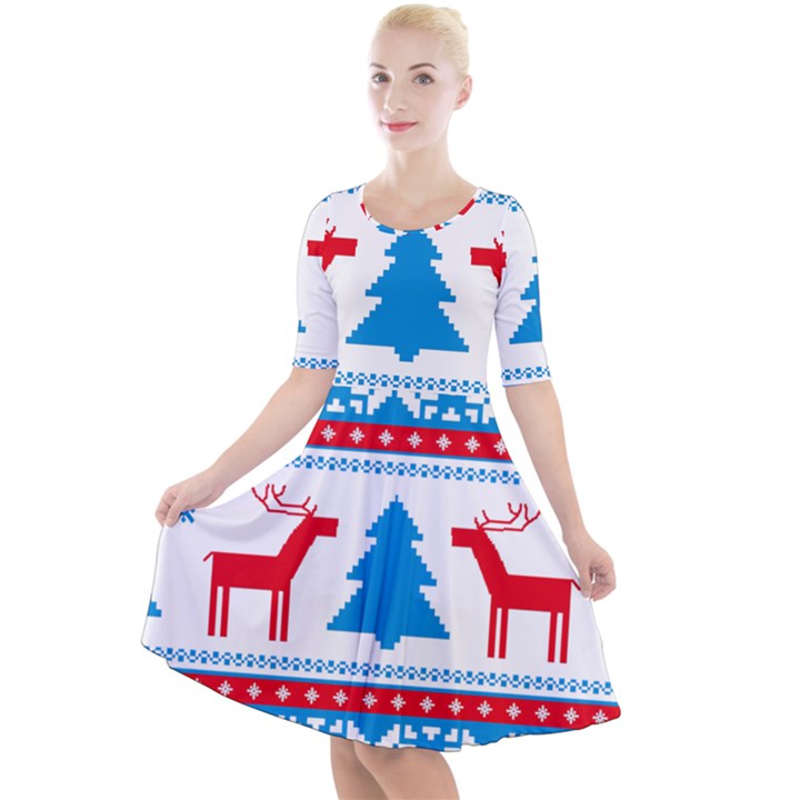 Red And Green Christmas Tree Winter Pattern Pixel Elk Buckle Holidays Quarter Sleeve A-Line Dress