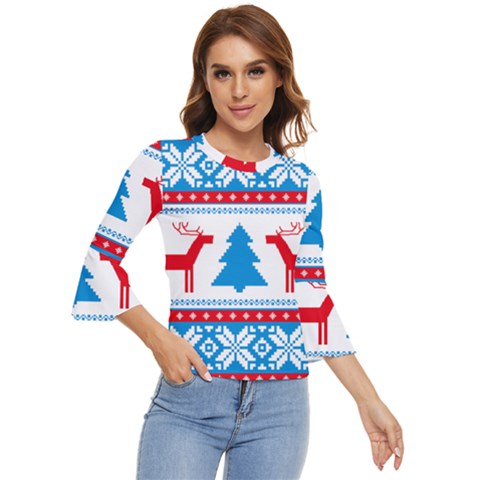 Red And Green Christmas Tree Winter Pattern Pixel Elk Buckle Holidays Bell Sleeve Top by Sarkoni