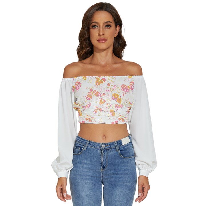 Butterfly T- Shirt Butterflies And Moths Pattern T- Shirt Long Sleeve Crinkled Weave Crop Top