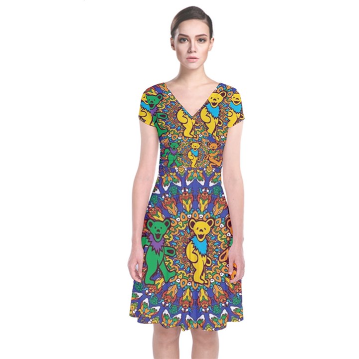 Grateful Dead Pattern Short Sleeve Front Wrap Dress