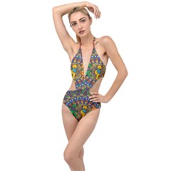 Grateful Dead Pattern Plunging Cut Out Swimsuit by Sarkoni