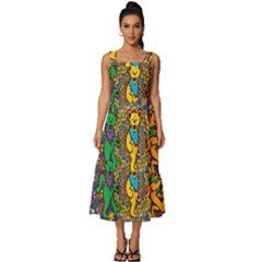 Grateful Dead Pattern Square Neckline Tiered Midi Dress by Sarkoni