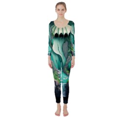 Waterfall Jungle Nature Paper Craft Trees Tropical Long Sleeve Catsuit by uniart180623