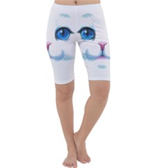 Cute White Cat Blue Eyes Face Cropped Leggings  by Ket1n9