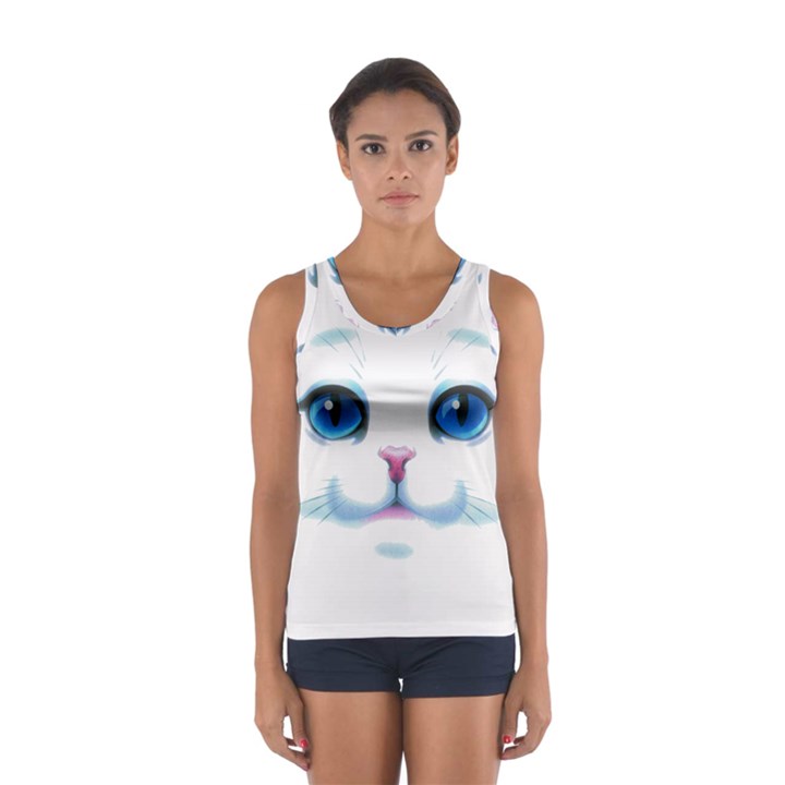 Cute White Cat Blue Eyes Face Sport Tank Top 